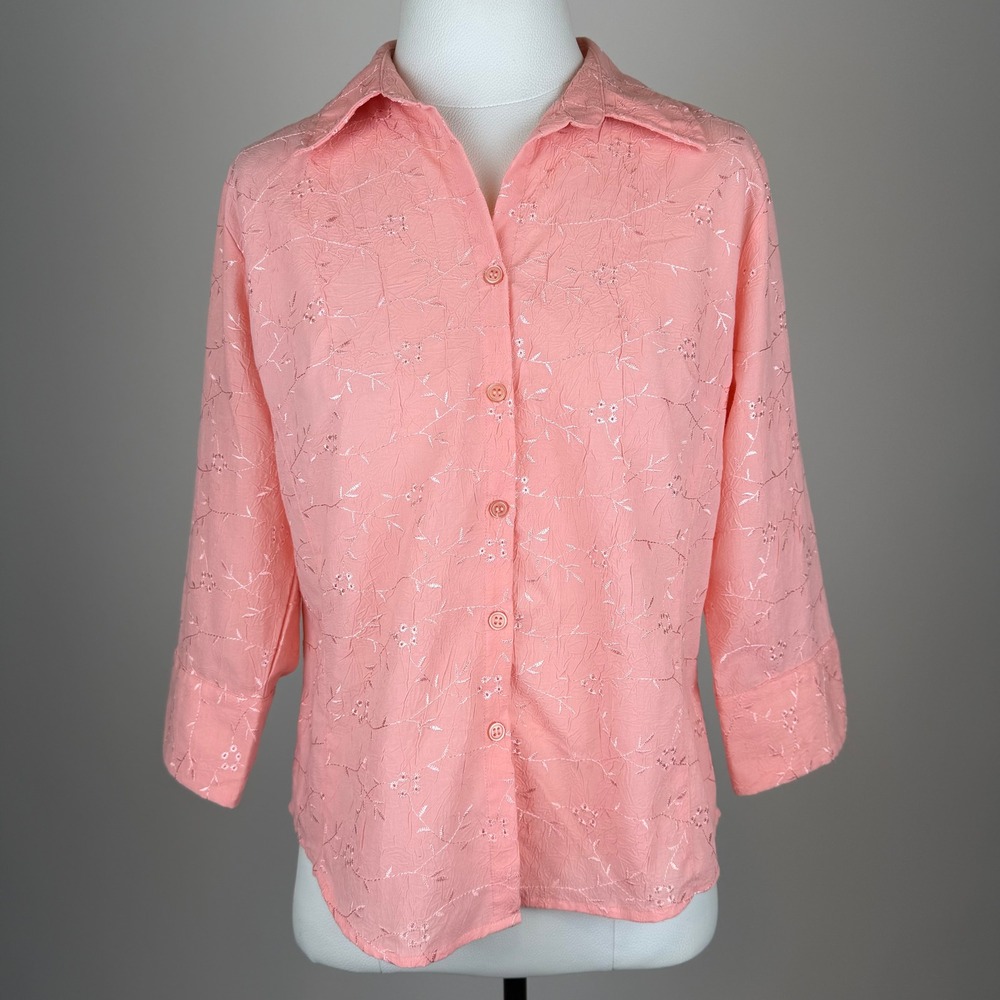 Lemon Grass Studio Peach Pink Embroidered 3/4 Sleeve Button Up Blouse Womens PM